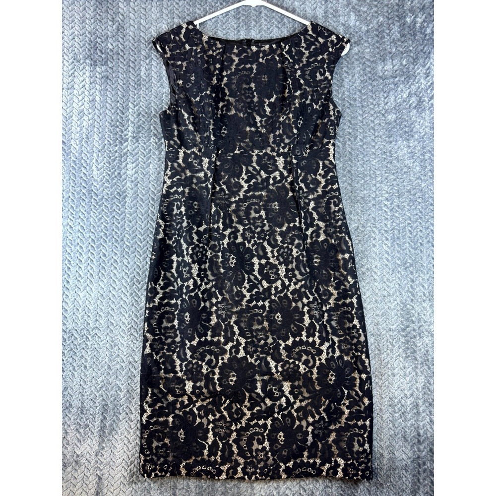 Calvin Klein Sheath Dress Women 4 Black Allover Lace Floral Professional Pleated